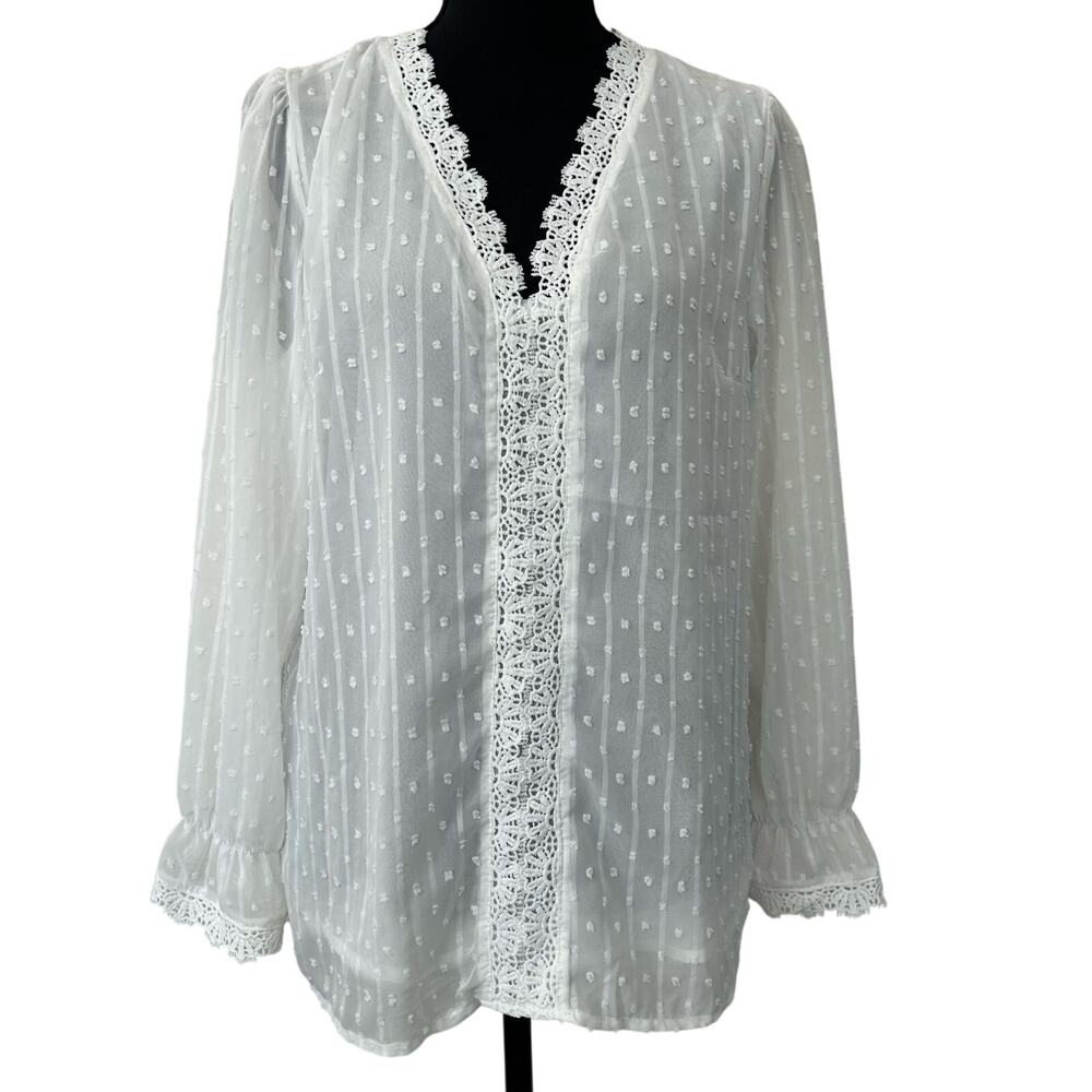 New Suprelöök polka Dot Sheer Blouse crochet Lace Trim Romantic coquette boho S